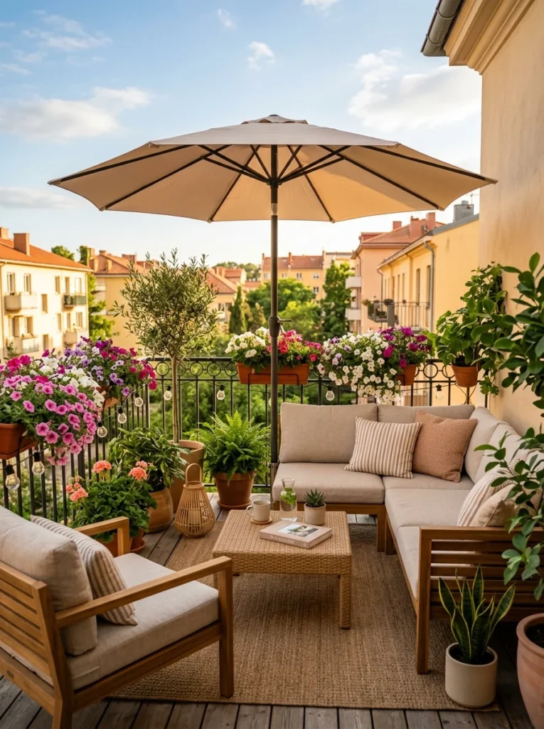 Small balcony with shade umbrella, breathable cushions, and lush summer plants.