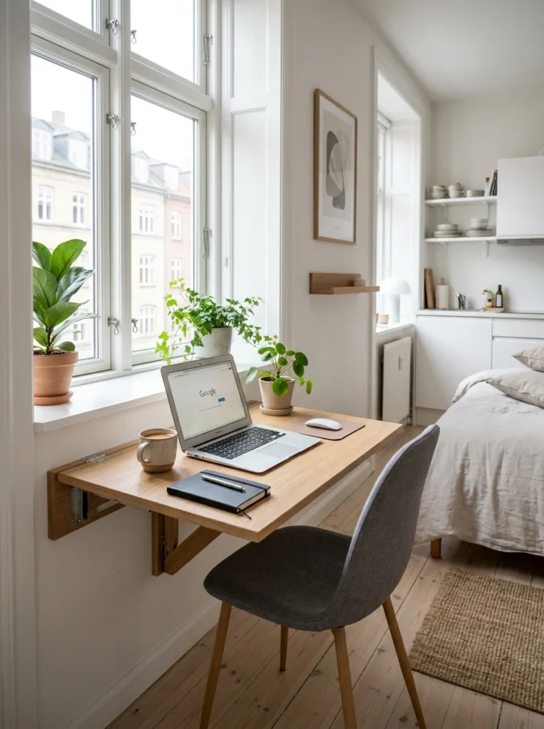 Foldable wall desk saving valuable floor space in a studio apartment.