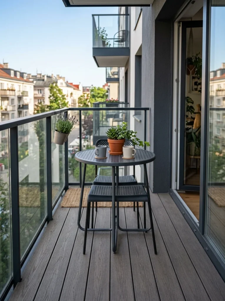 Slim armless chairs tucked neatly under a balcony dining table.