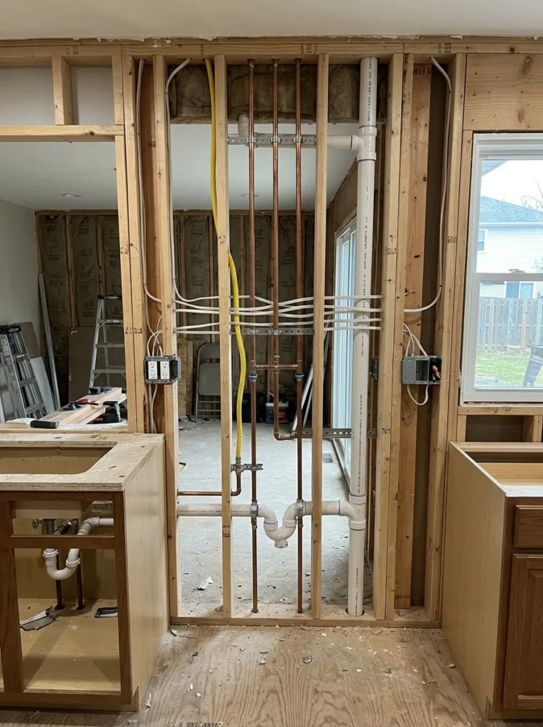 Kitchen plumbing and electrical rough-in before walls are closed.