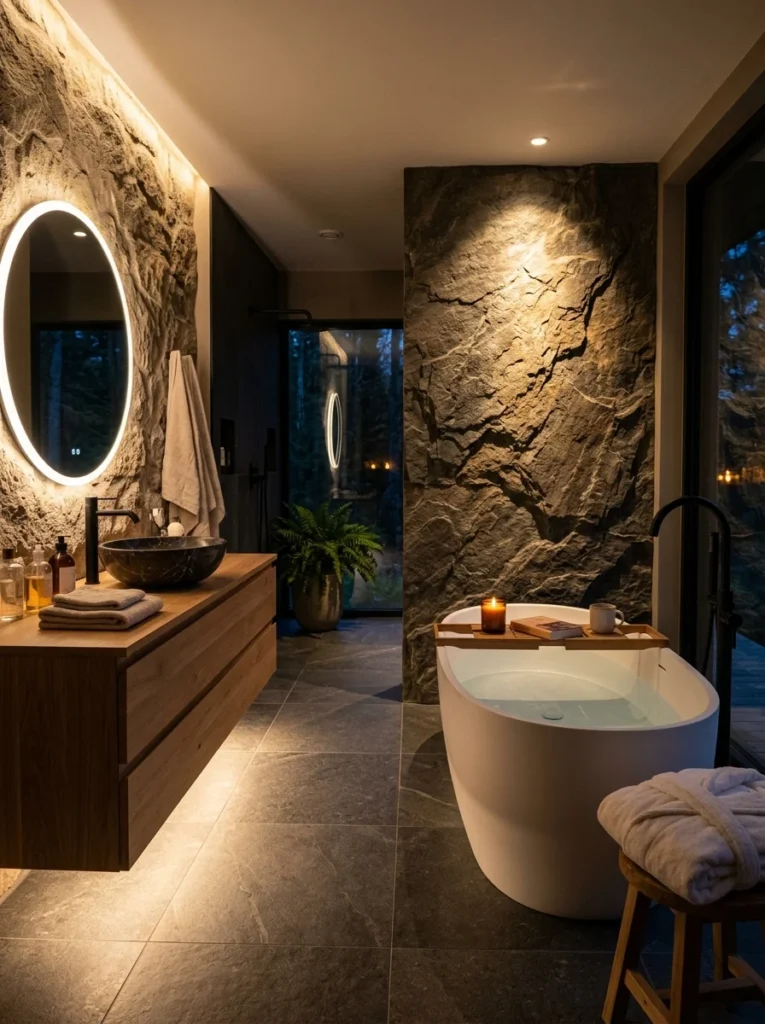 Warm accent lighting highlighting bathroom features for a luxurious atmosphere.
