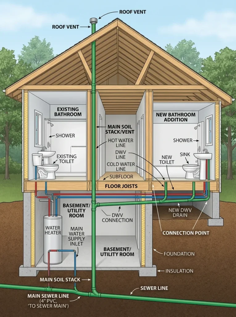 Home plumbing layout showing how nearby plumbing reduces bathroom installation costs.