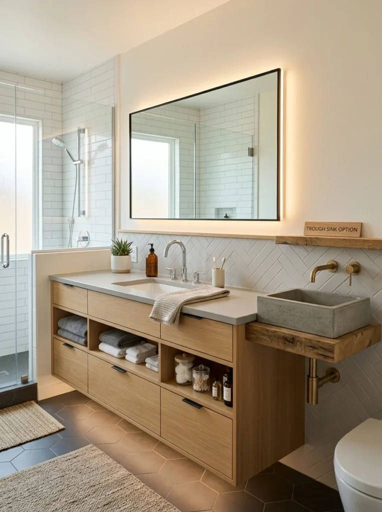 Wide single vanity and trough sink serving as alternatives to a double vanity.