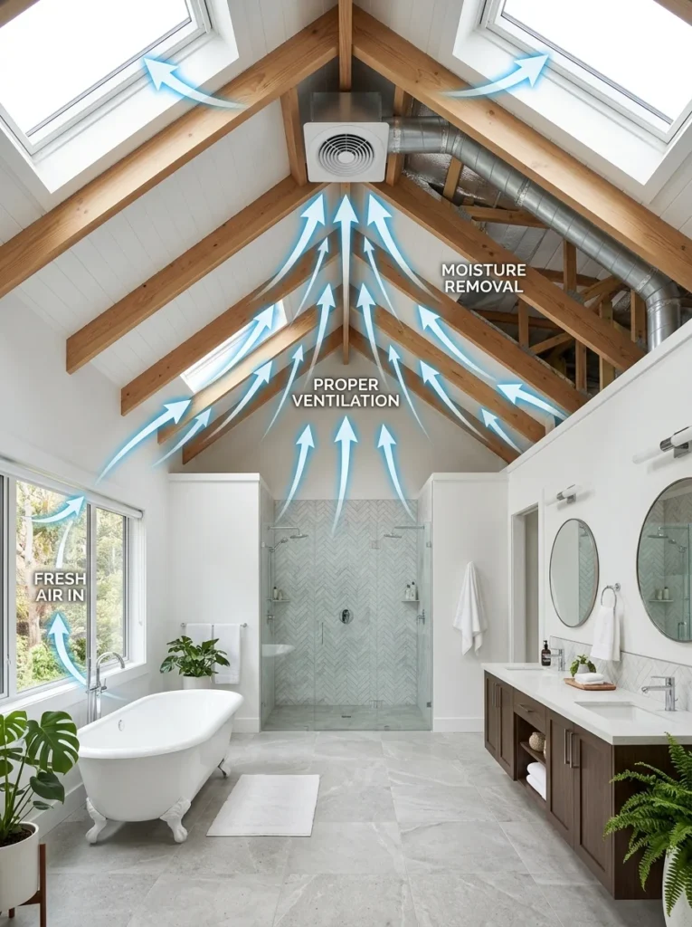 Bathroom with high ceiling requiring additional ventilation airflow.