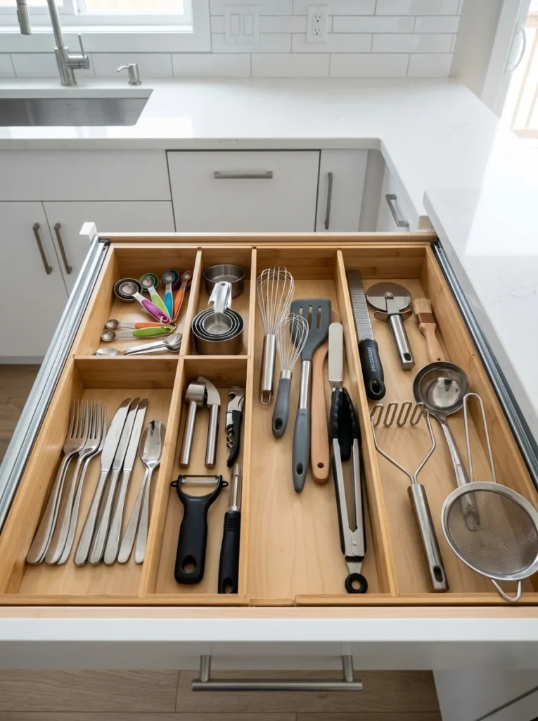 Kitchen utensil drawer neatly separated using adjustable drawer dividers.