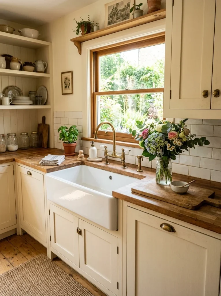 White fireclay farmhouse sink with apron front in a classic country-style kitchen.