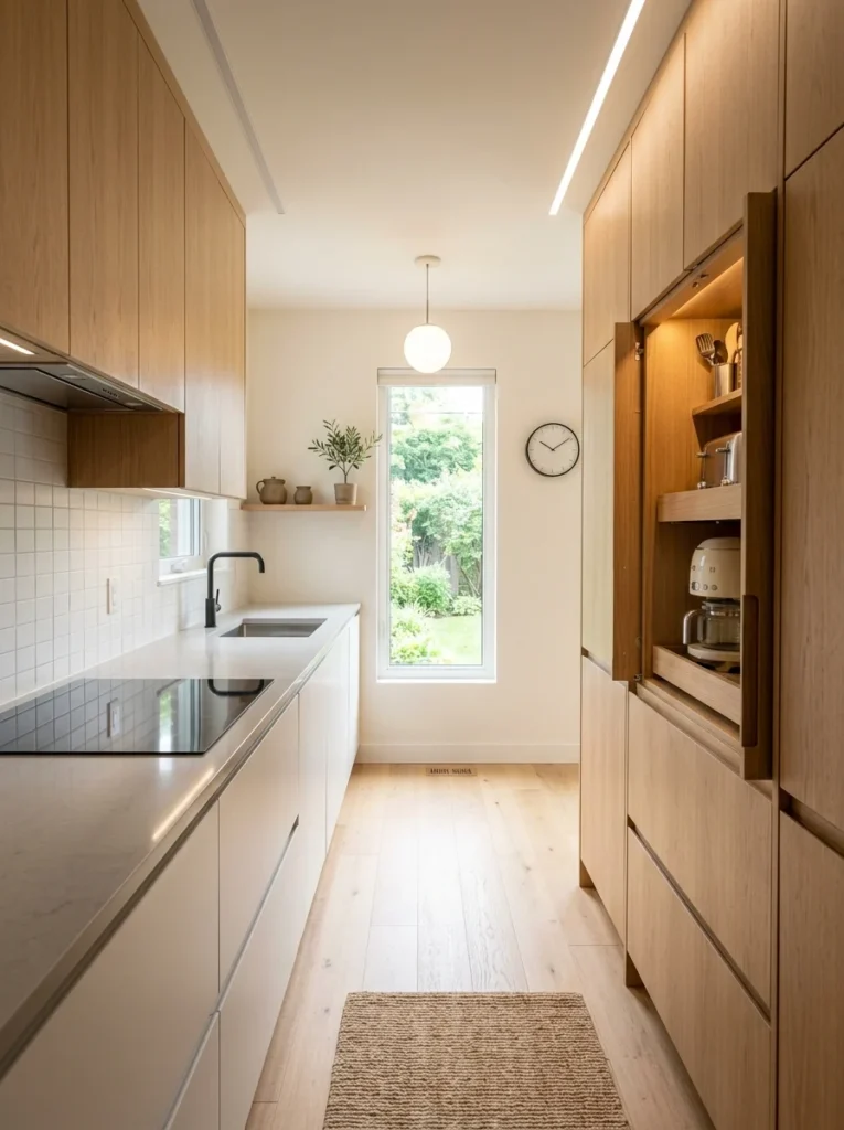 Clean galley kitchen countertops with hidden appliance storage for extra workspace.