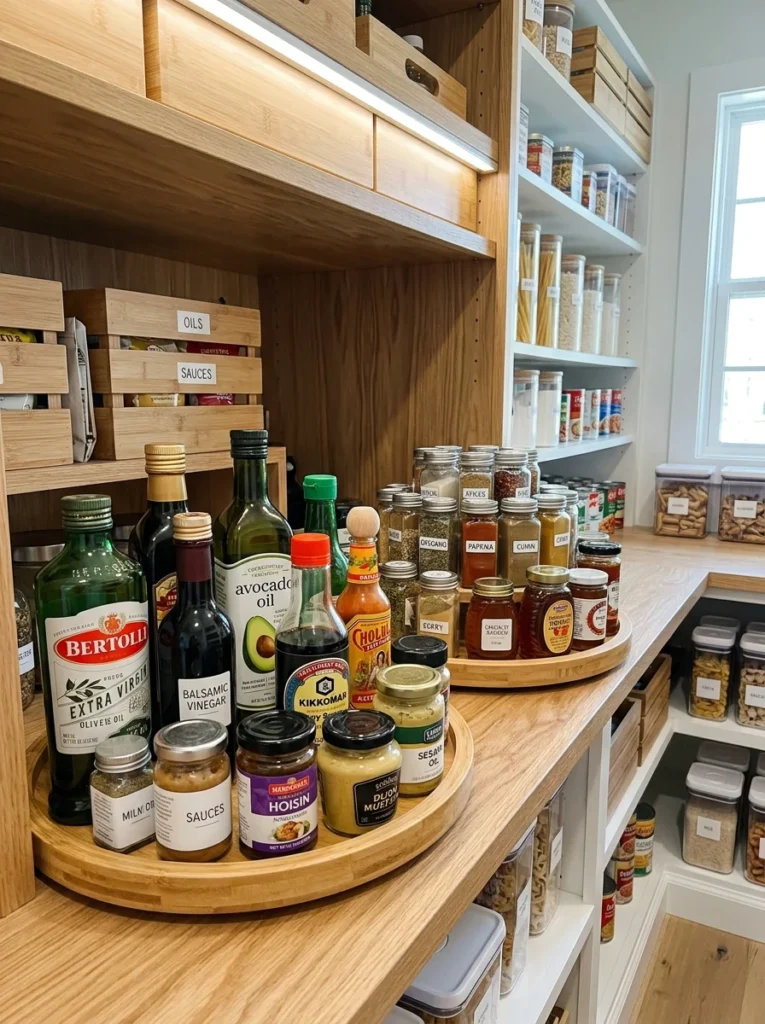 Rotating pantry organizer holding oils, spices, and condiments for easy access.