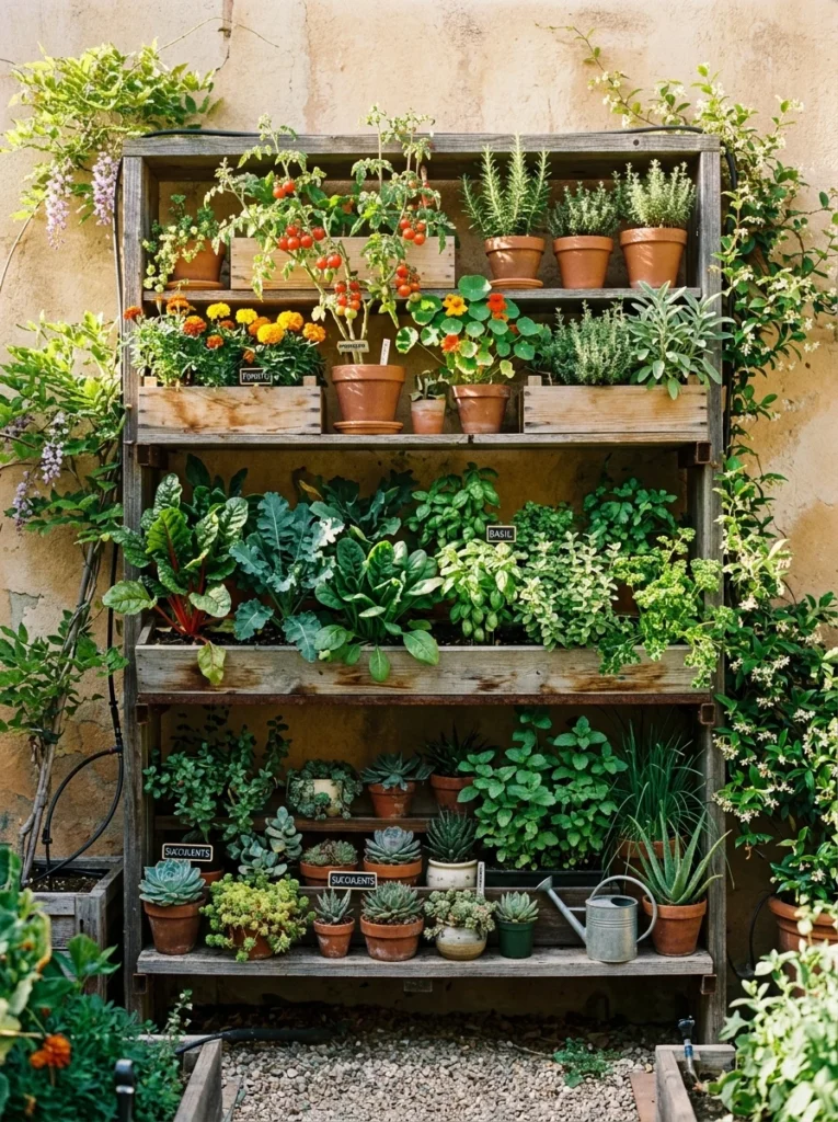Different plants arranged on vertical shelves based on sunlight and container depth.