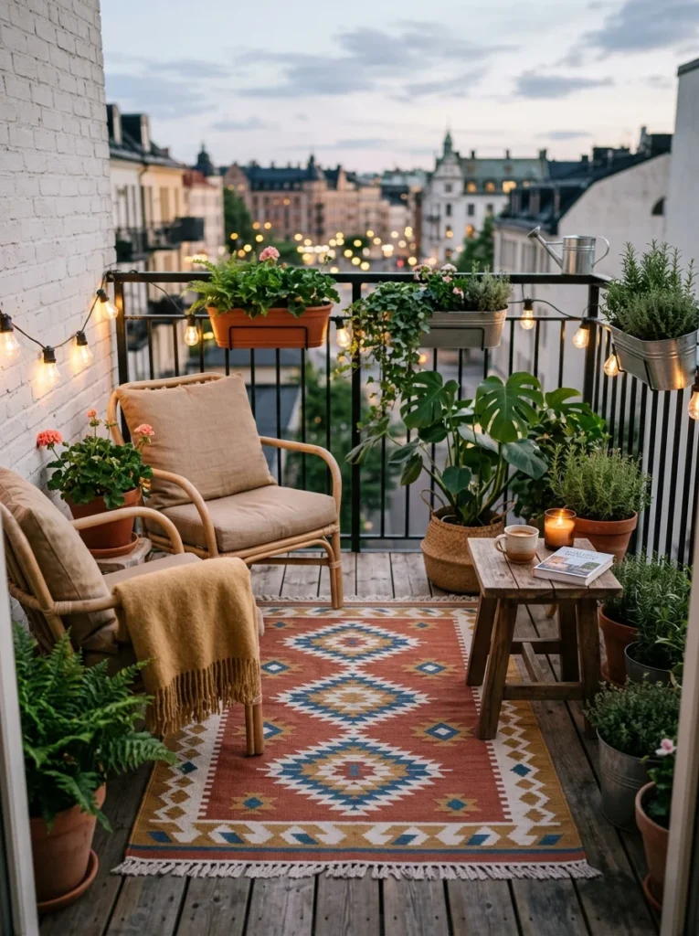 Small outdoor rug making a balcony feel warm and inviting.