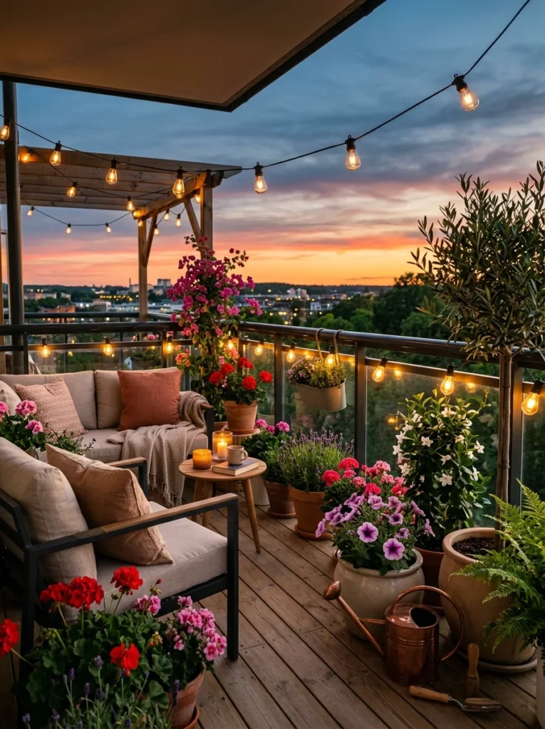 Summer balcony with string lights, flowering plants, and lightweight outdoor decor.