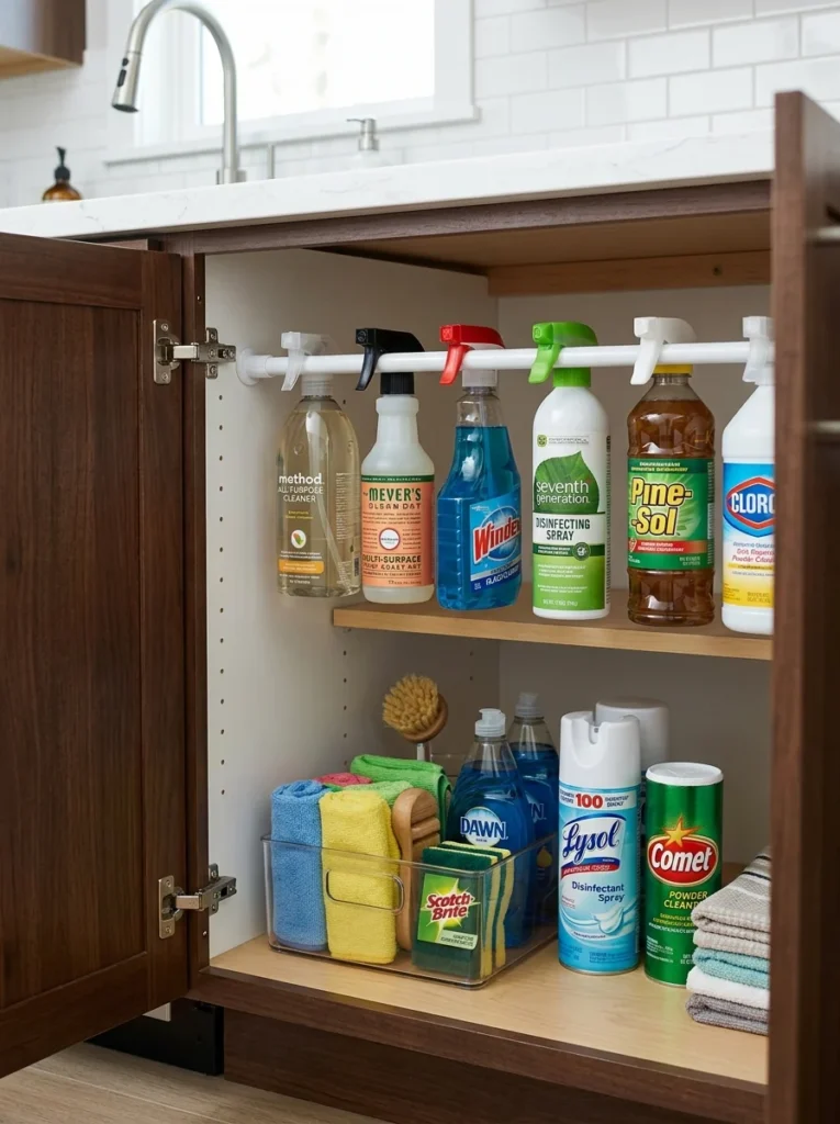 Kitchen cabinet organized with tension rods for additional storage space.