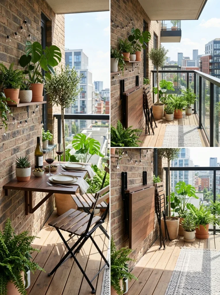 Wall-mounted folding table saving space on a small apartment balcony.