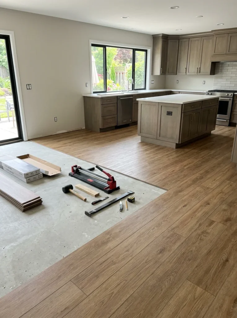 Freshly painted kitchen walls prepared before cabinet installation.