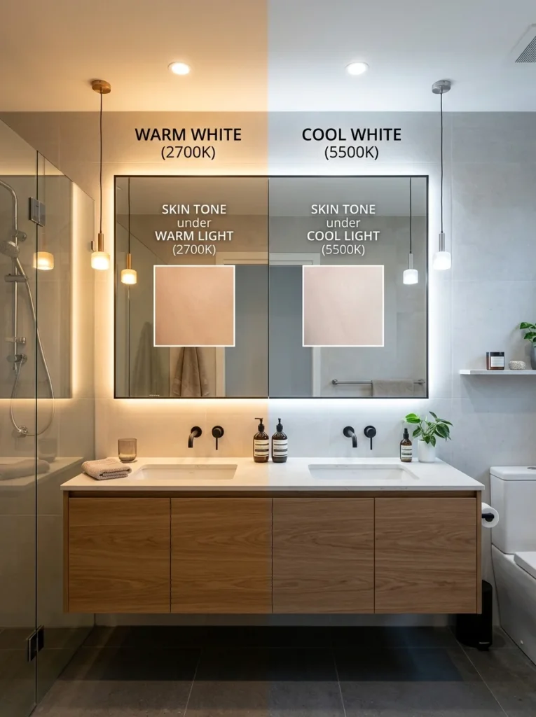Comparison of warm and cool bathroom lighting color temperatures.