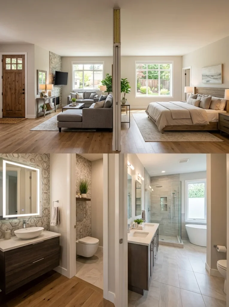 Comparison showing ideal locations for installing a half bath versus a full bathroom inside a home.