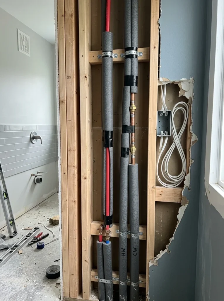 Bathroom plumbing pipes wrapped with insulation to minimize vibration and sound transfer.