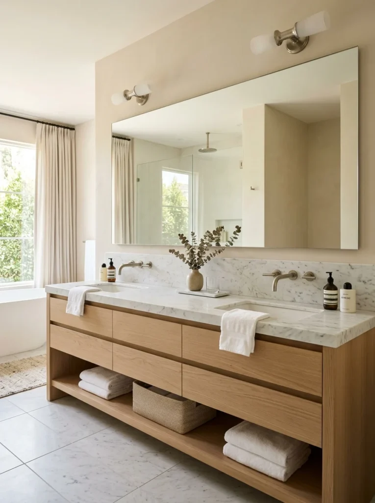 Modern double vanity designed with open space and a large mirror.