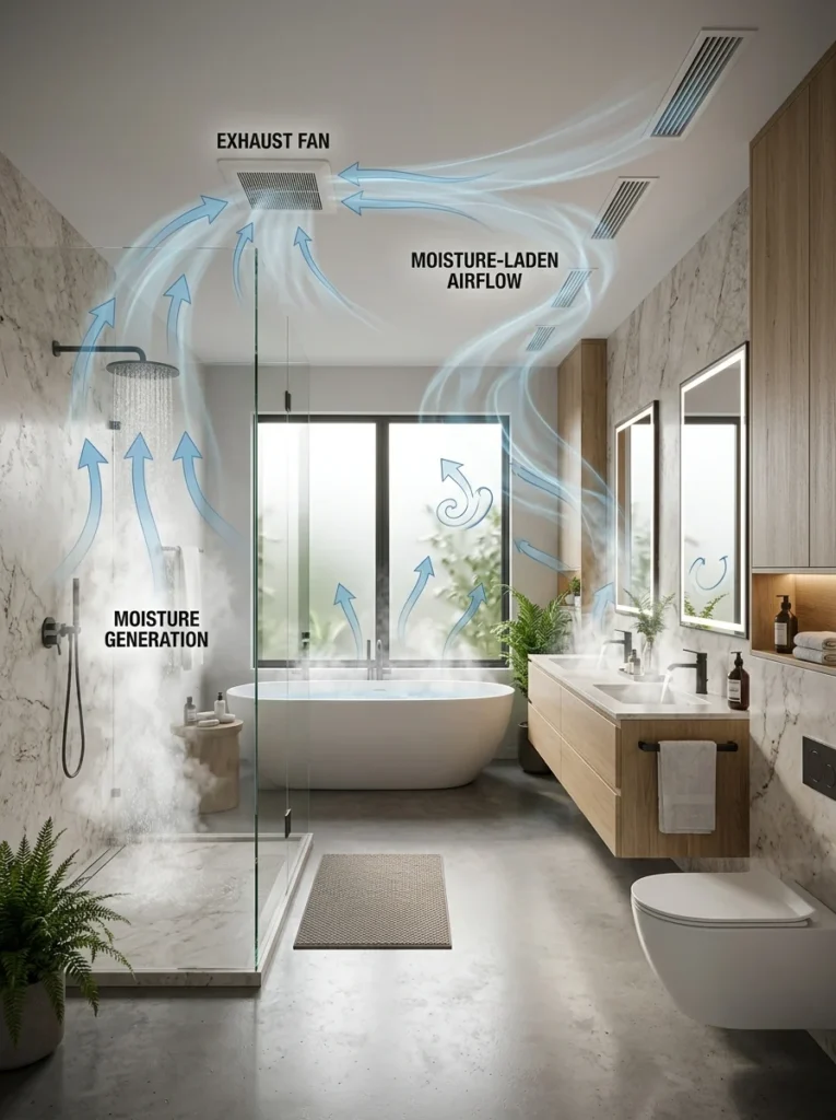 Large bathroom with multiple fixtures requiring higher exhaust fan capacity.