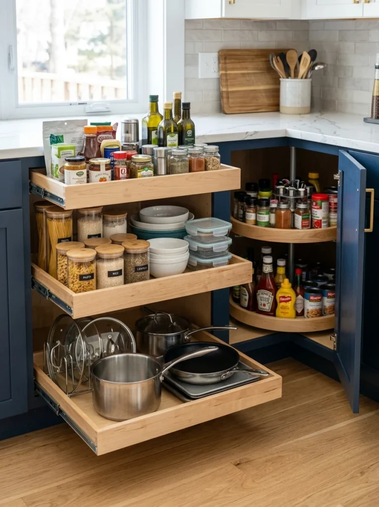 Deep kitchen cabinets using pull-out shelves and lazy Susan organizers.