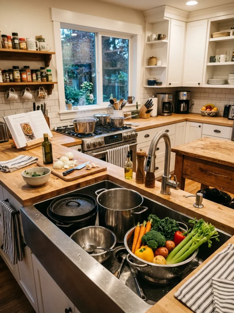 Family cooking together while using a spacious kitchen sink designed for daily meal preparation.