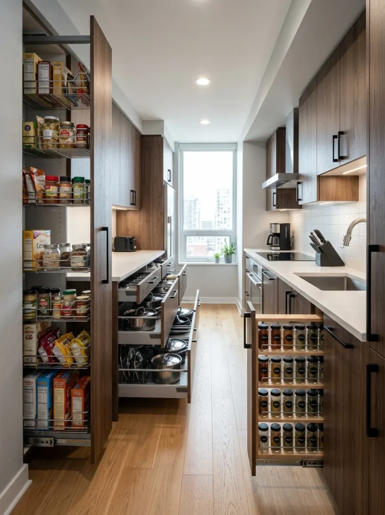 Modern galley kitchen featuring pull-out shelves and narrow spice rack organizers.