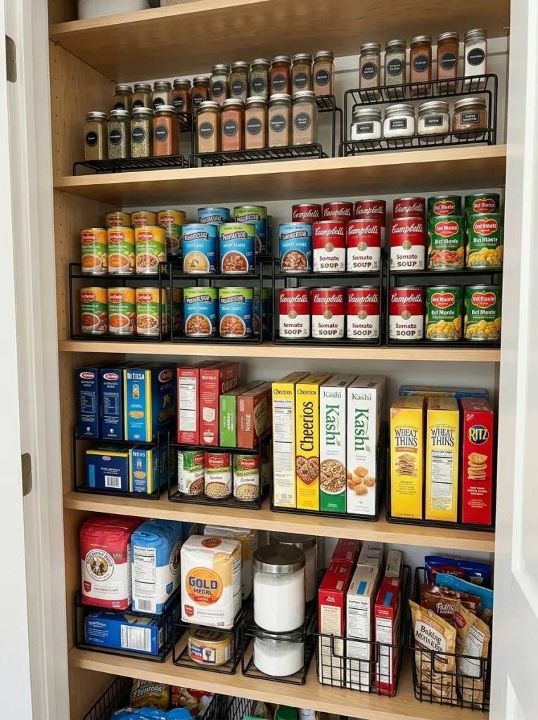Pantry shelves using stackable risers to organize canned goods and boxed foods.