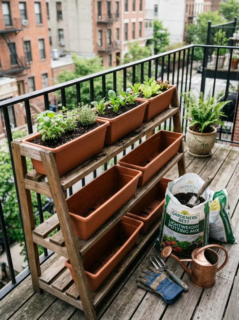 Gardener planting upper levels of a vertical garden before filling lower planters.