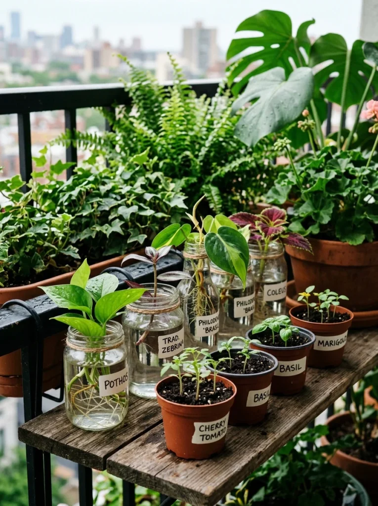 Plant cuttings and seedlings growing on a budget-friendly balcony.