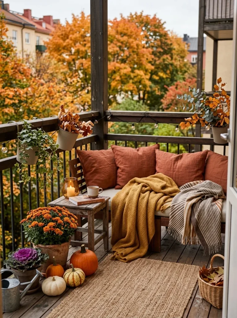 Autumn balcony decorated with warm cushions, pumpkins, and seasonal plants.