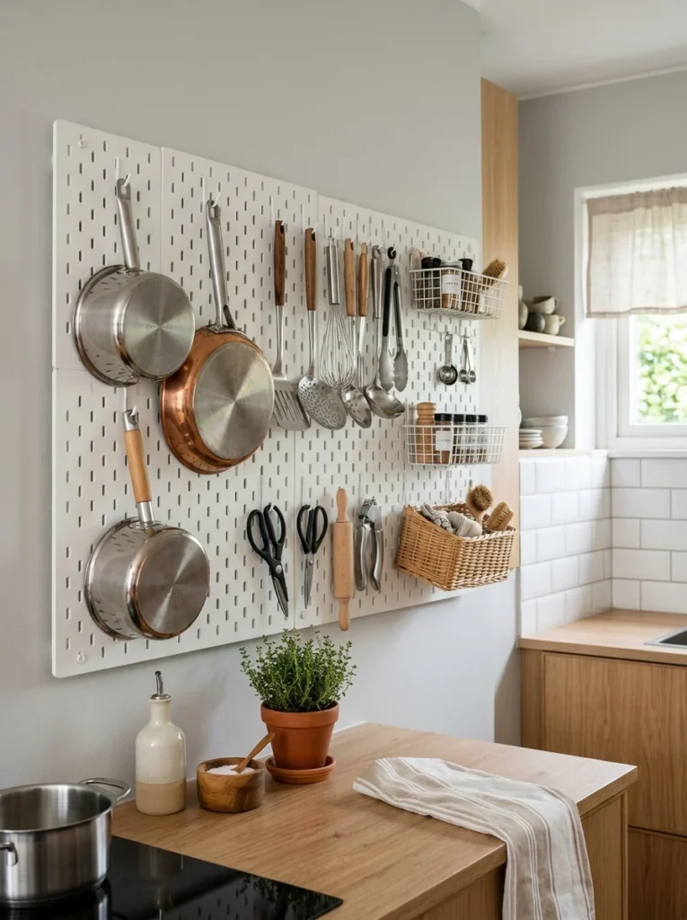 Kitchen pegboard holding utensils and tools in an organized layout.