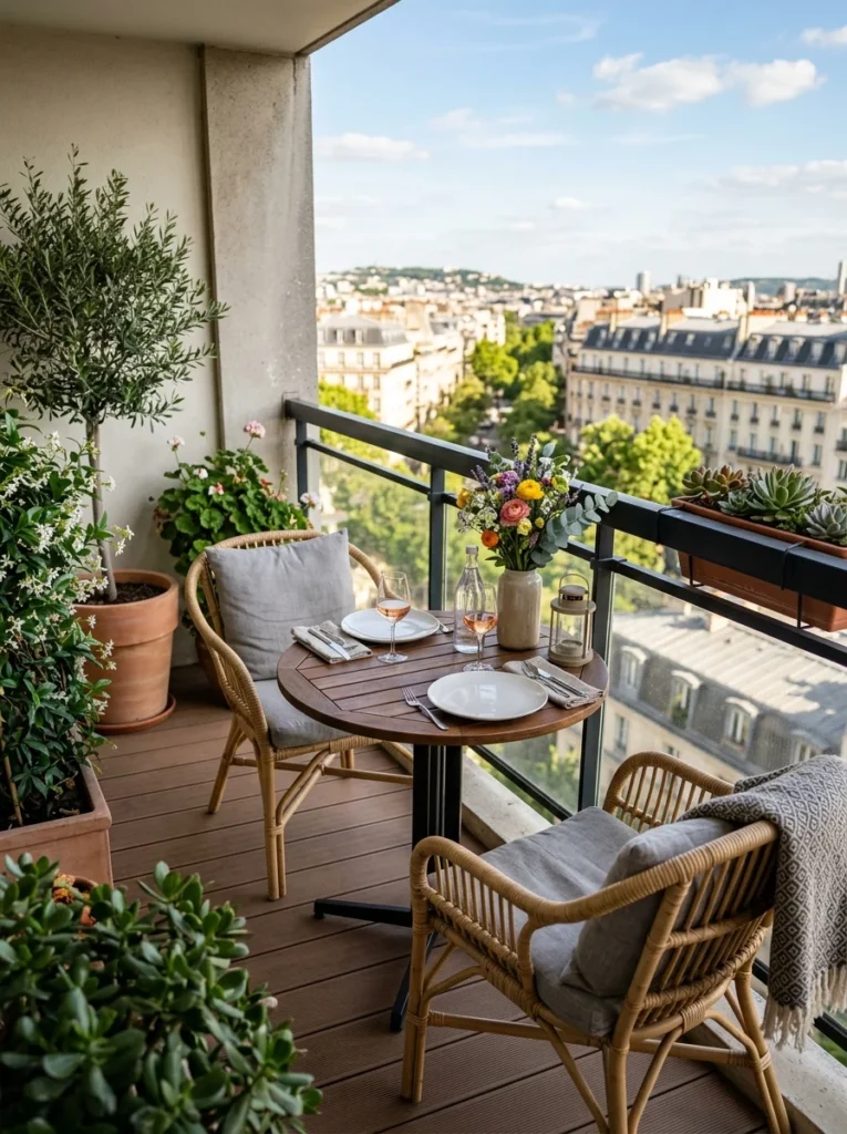 Compact dining table positioned diagonally for better seating space.