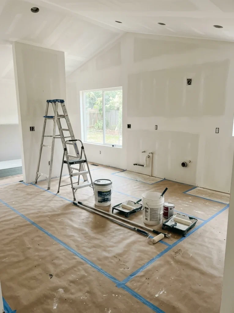 New kitchen flooring installed before cabinet placement.
