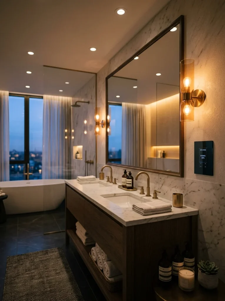 Bathroom lighting controlled with dimmers for different moods throughout the day.