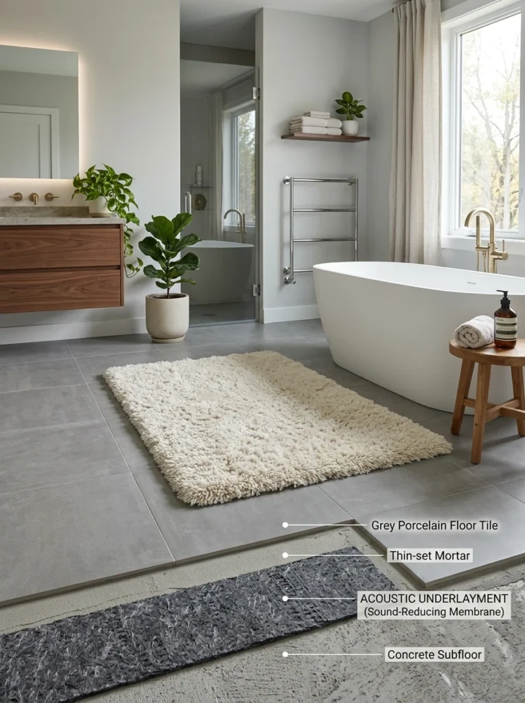Bathroom featuring a thick bath rug and sound-reducing flooring underlayment.