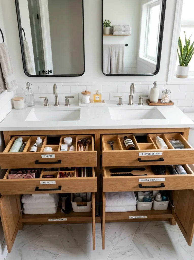 Organized double vanity featuring dedicated storage for two people.