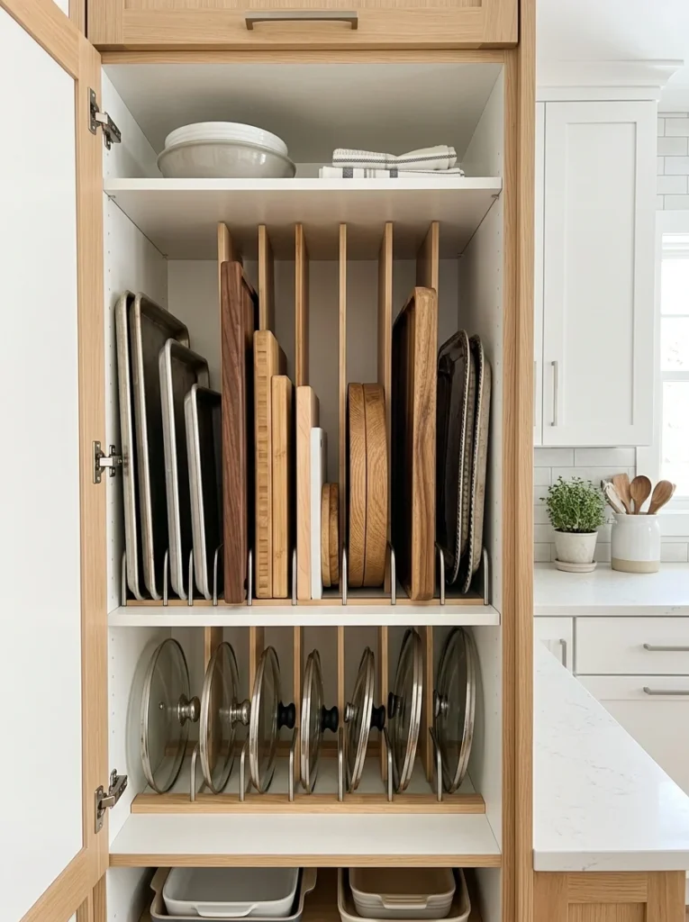 Vertical kitchen cabinet organizer storing baking sheets, cutting boards, and lids upright.