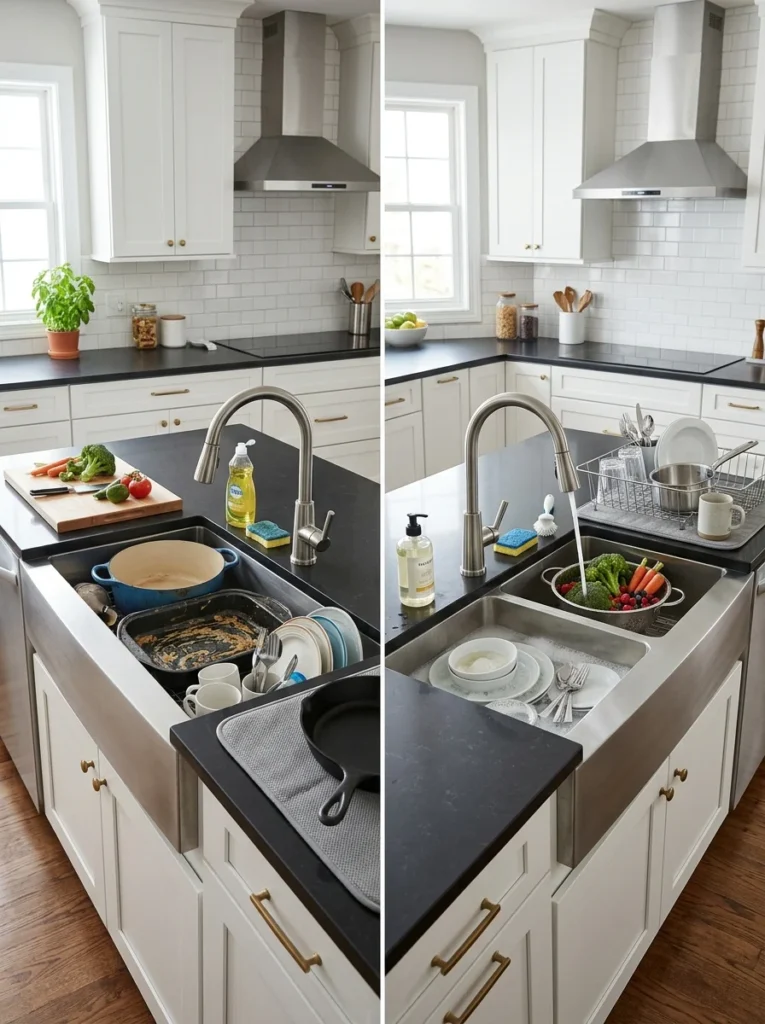 Comparison of single-basin and double-basin kitchen sinks in modern kitchens.