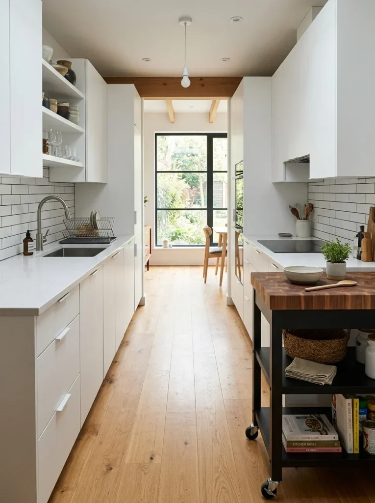 Narrow galley kitchen with a movable butcher block cart adding storage and workspace.