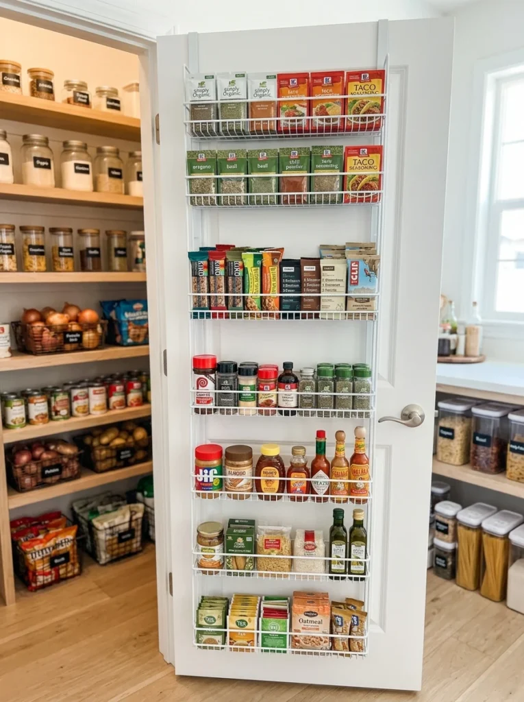 Over-the-door pantry organizer storing spice packets and snack items.