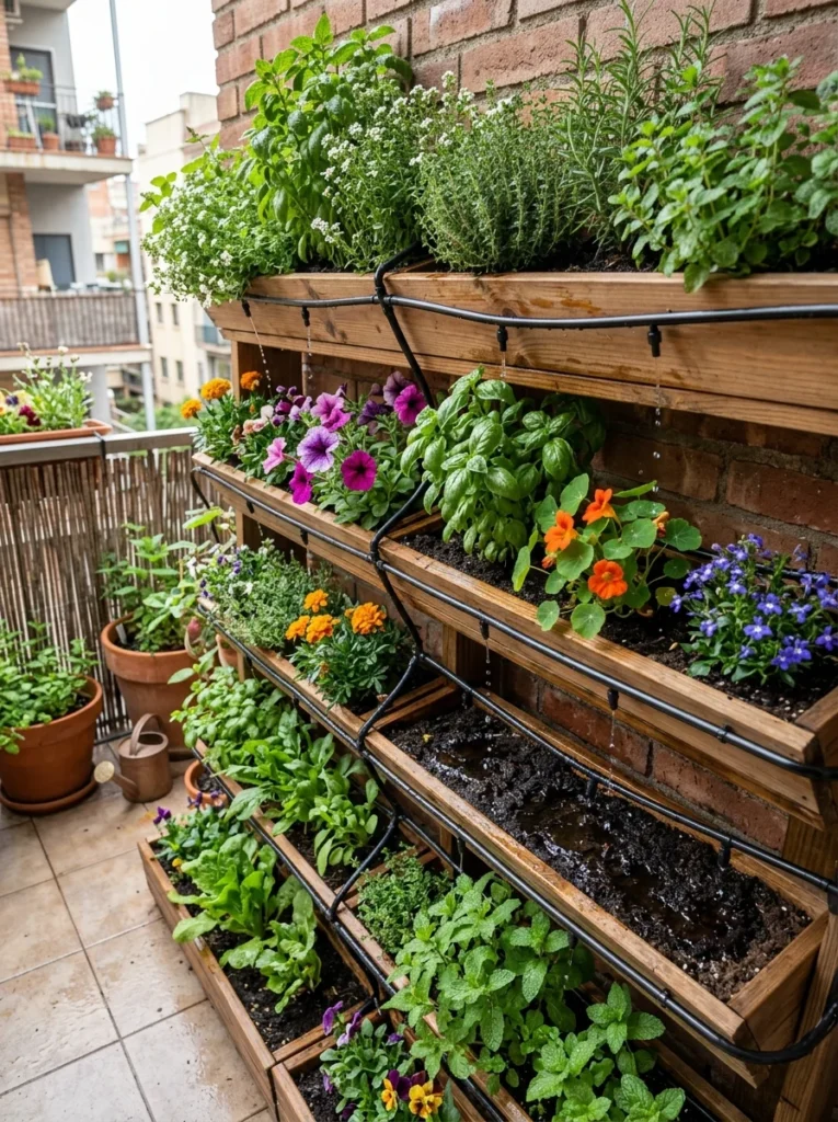 Drip irrigation system watering multiple levels of a vertical balcony garden.