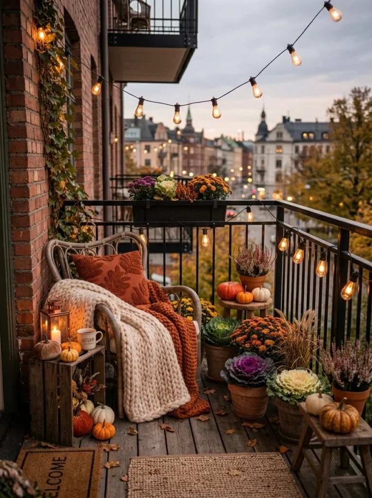 Cozy fall balcony with chunky blanket, pumpkins, and autumn decorations.