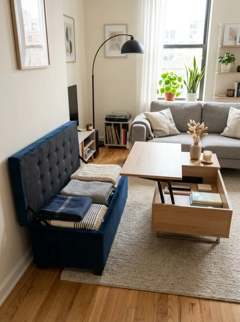 Multifunctional ottoman and coffee table with hidden storage compartments.