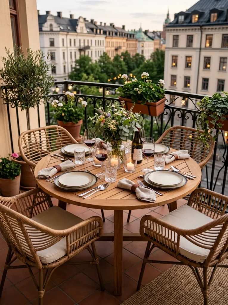 Small balcony table with removable extension for extra guests.