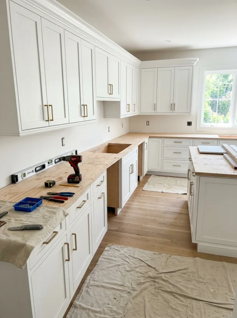 Newly installed kitchen cabinets before countertops are added.