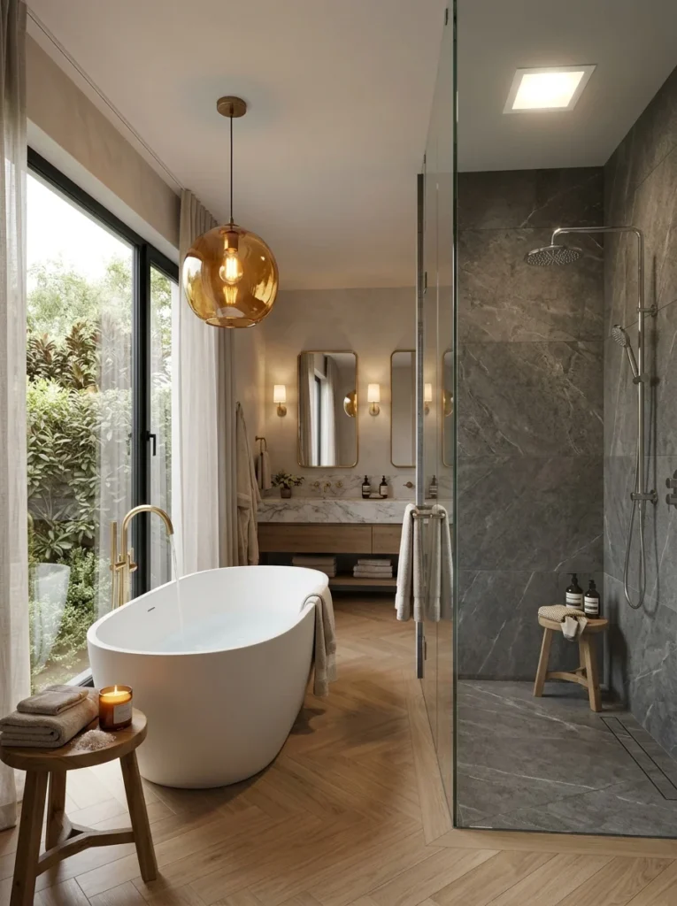 Bathroom featuring safe shower lighting and soft accent lighting above a bathtub.