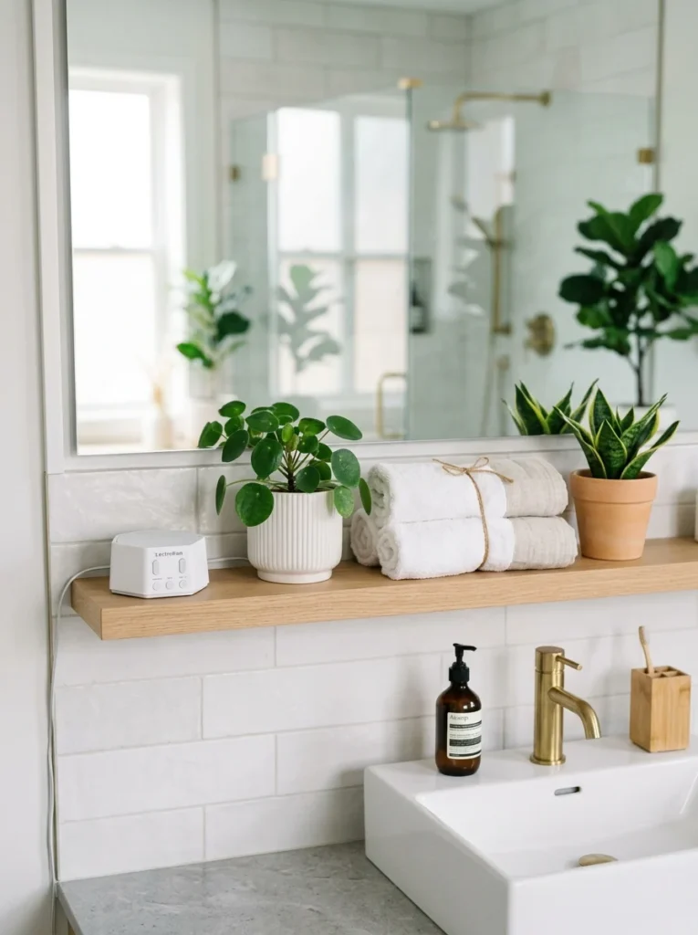 Compact white noise machine placed inside a bathroom to help mask household sounds.