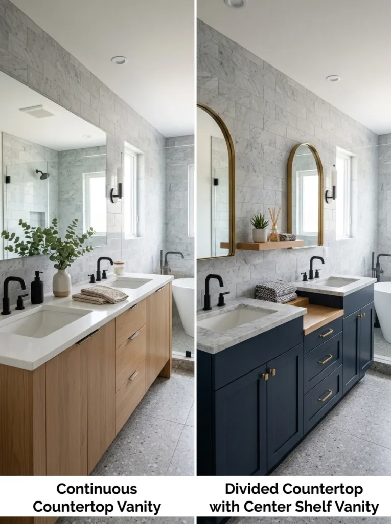 Comparison of continuous and divided countertop designs for double vanities.