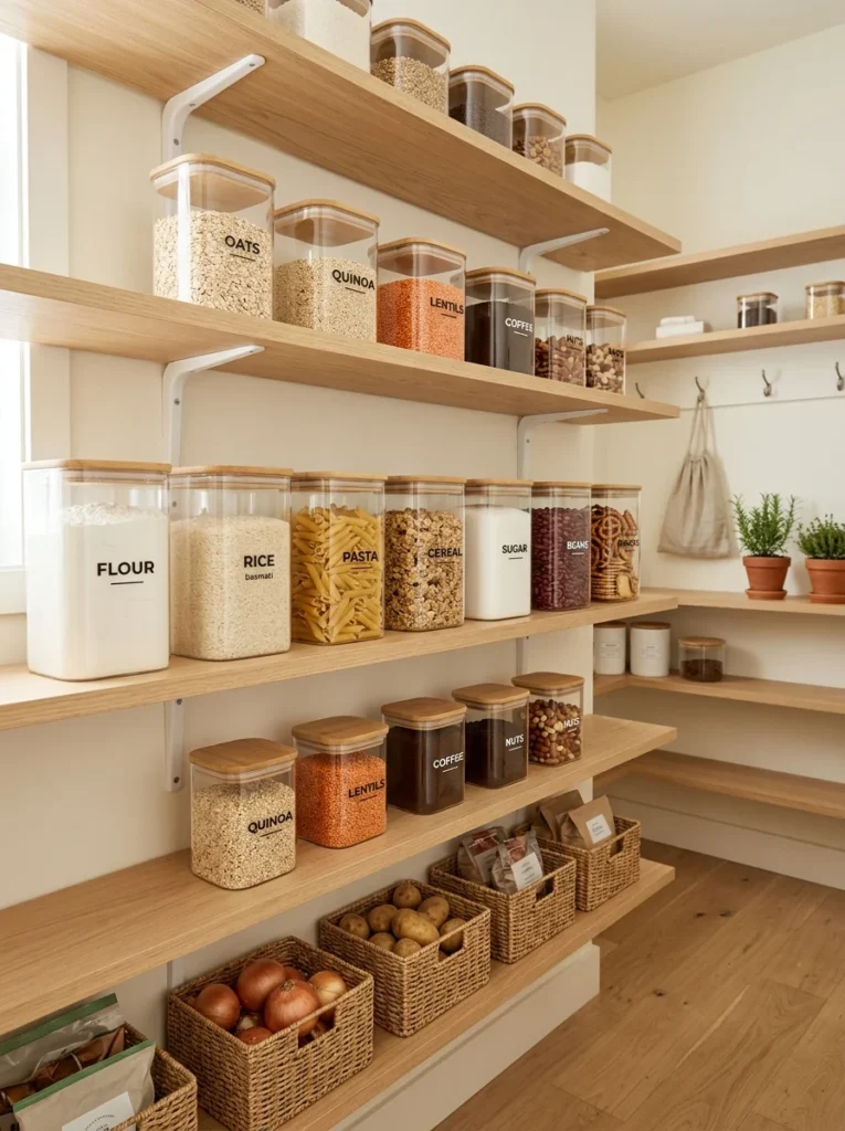 Kitchen pantry using matching clear containers with labeled dry food storage.