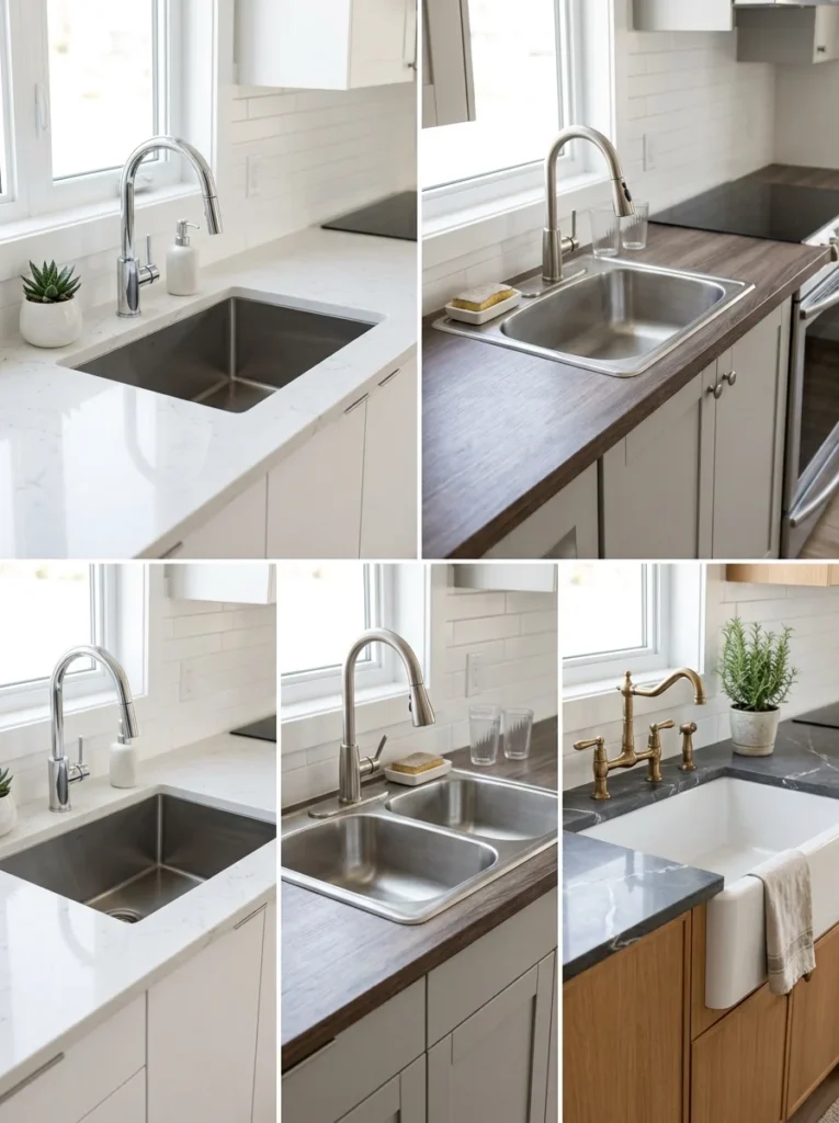 Undermount, top-mount, and farmhouse kitchen sink installation styles compared.